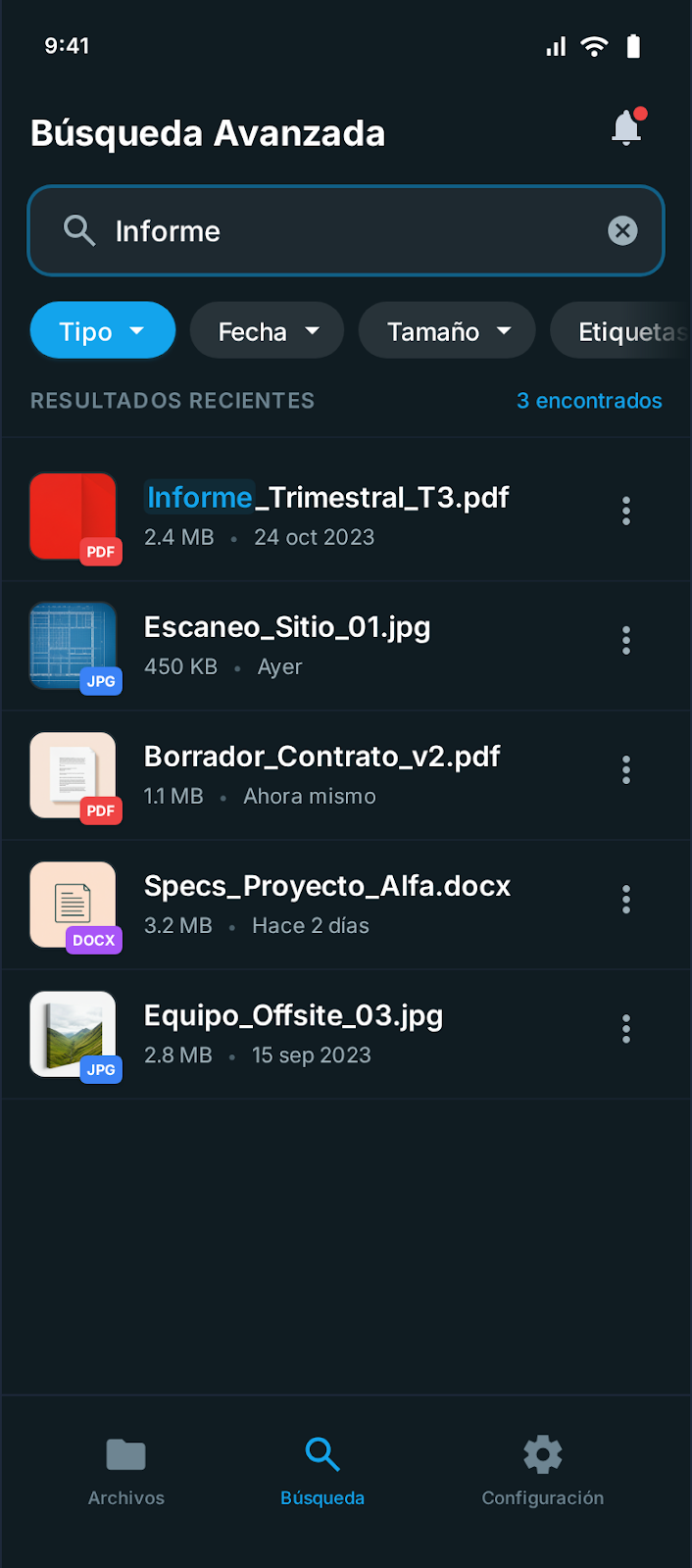 Pantalla de búsqueda - Modo oscuro