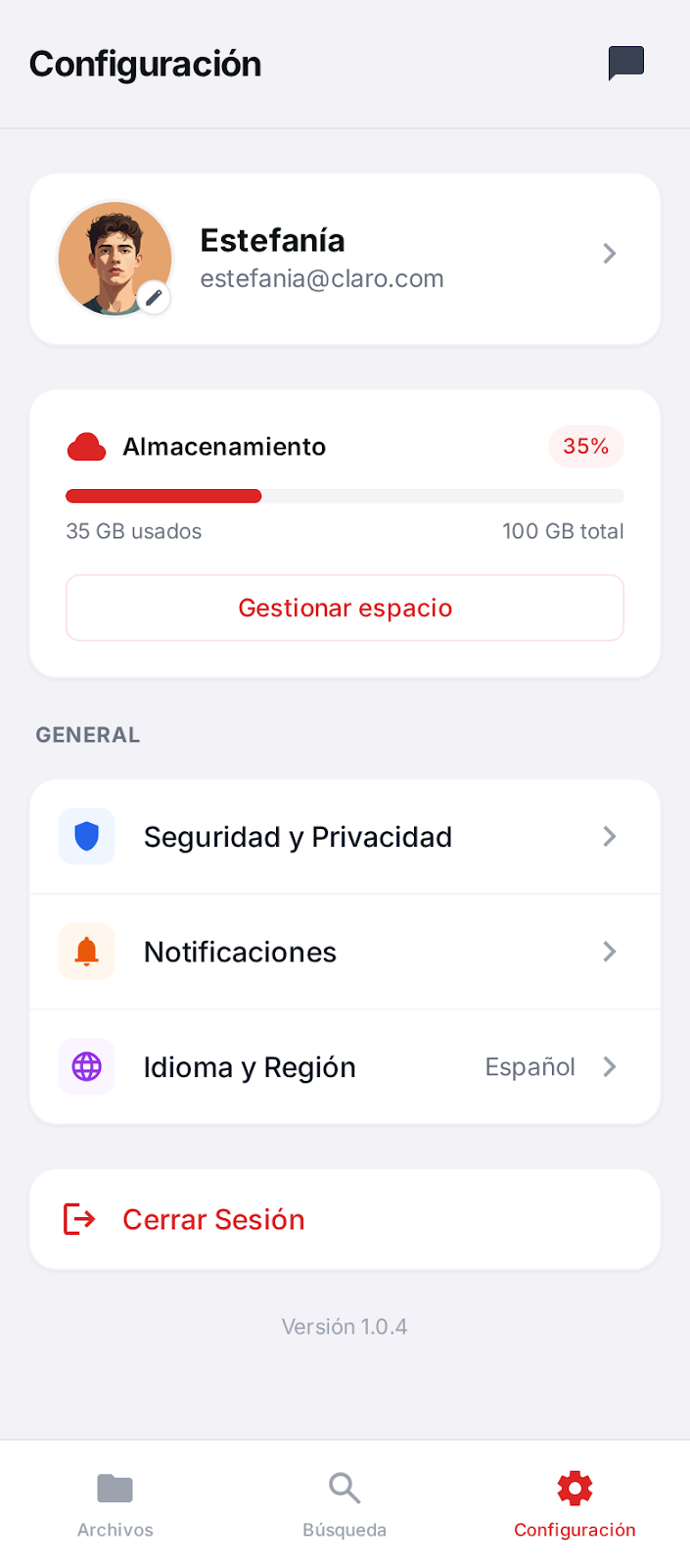 Pantalla de configuración - Modo claro