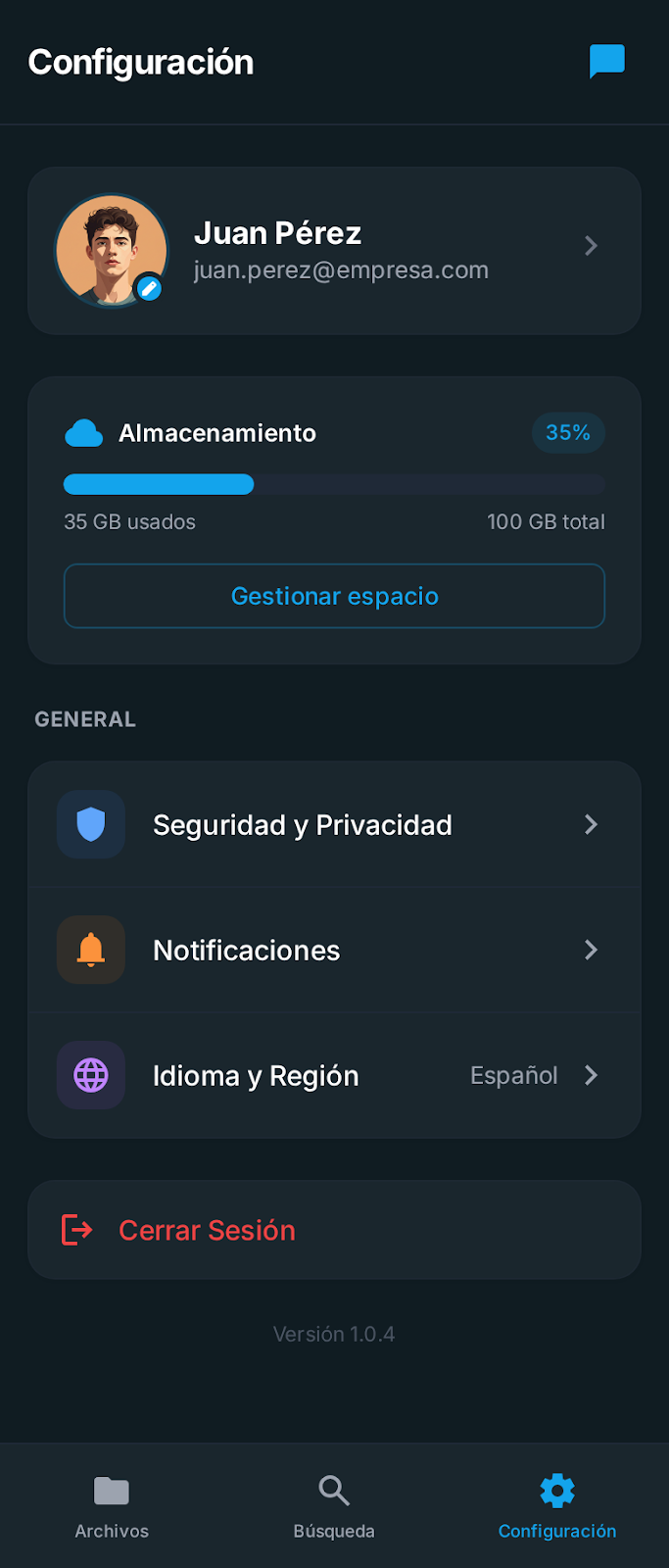 Pantalla de configuración - Modo oscuro
